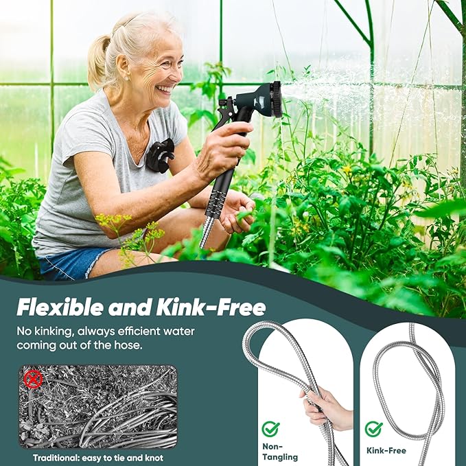Garden Hose with 10-Function Nozzle, Leak-proof Metal Connector Hose, No Knots, Kink-Free Hoses, Lighter, Anti-Pets, Wear-Resistant, 3/4 GHT, Water Hose for Garden, Yard, Outdoor（50 FT）