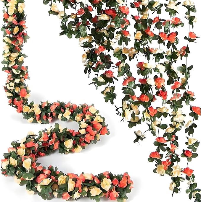 5 Pcs 8FT Flower Garland Artificial Flowers for Outdoors Fake Rose Vine Ivy Silk Flowers for Decoration/Anniversary/Wedding Birthday/Christmas/Home Decor/Garden Decor (Sunset Red)