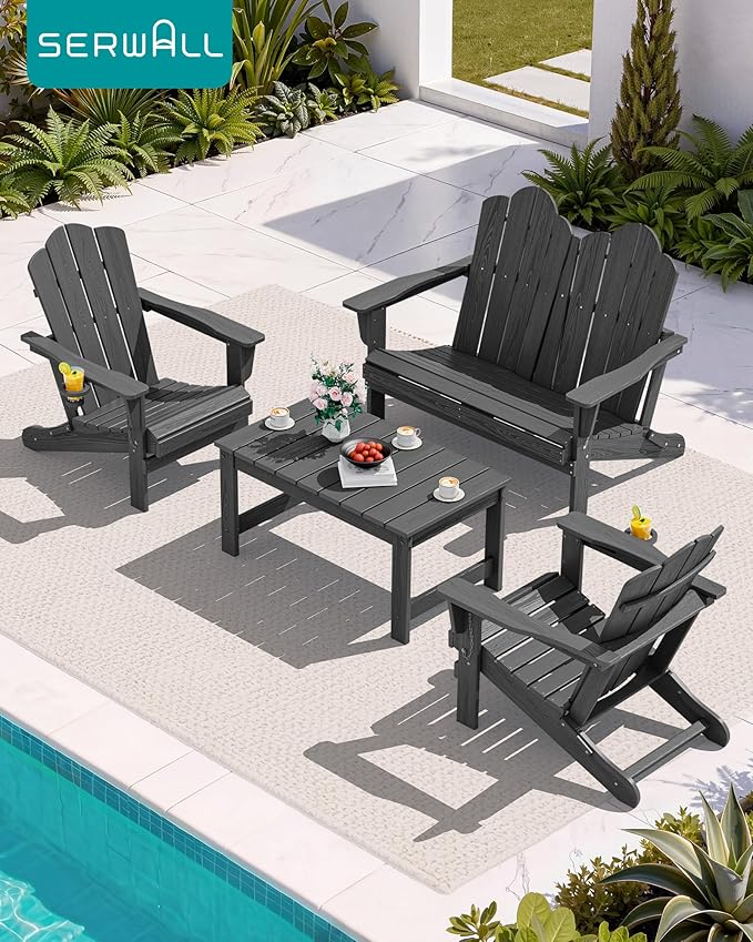 SERWALL Adirondack Bench, HDPE All-Weather Adirondack Loveseat, Outdoor Adirondack Chair for 2, Grey