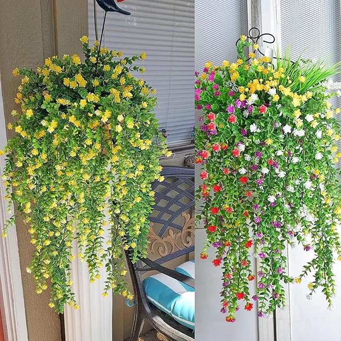 WEISPARK Artificial Hanging Flowers, 4pcs Fake Eucalyptus Vine Faux Flower Greenery Garland Plastic Plants for Indoor Outdoor Wall Garden Wedding Home Party Decor (Yellow)