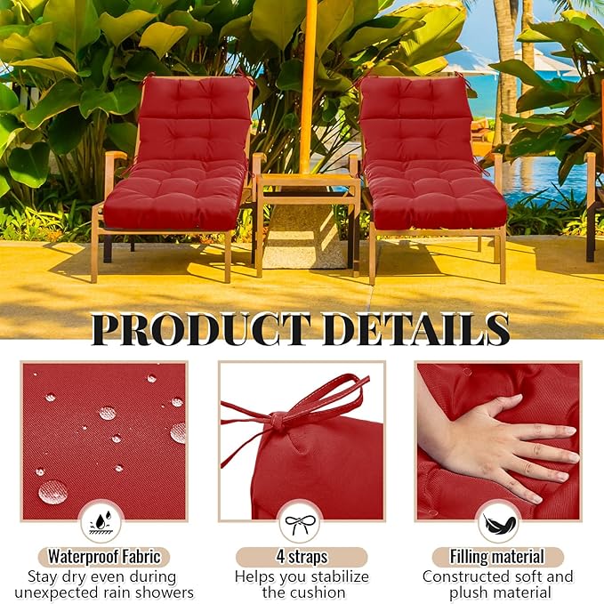Kigley 2 Pcs Chaise Lounge Cushions 75 x 22 x 5 Inches Soft Lounge Chair Cushion Spring/Summer Seasonal Replacement for Outdoor Indoor Home Office (Red)
