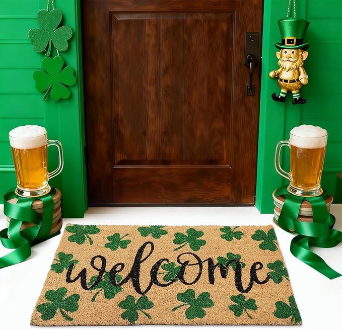 Whaline St. Patrick' s Day Doormat Natural Coir Welcome Floor Mat Green Shamrock Clover Rectangle Entrance Door Rug for Indoor Outdoor Home Bathroom Decor, 16.5 x 29 Inch