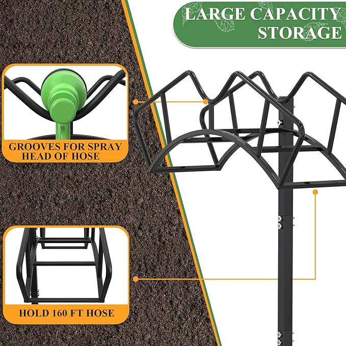 Super Stable Garden Hose Holder, Removable Water Hose Holders Stand Holds 150-Feet Hose, Detachable Hose Storage Hanger Rack for Outside Yard Lawn Farm, Black