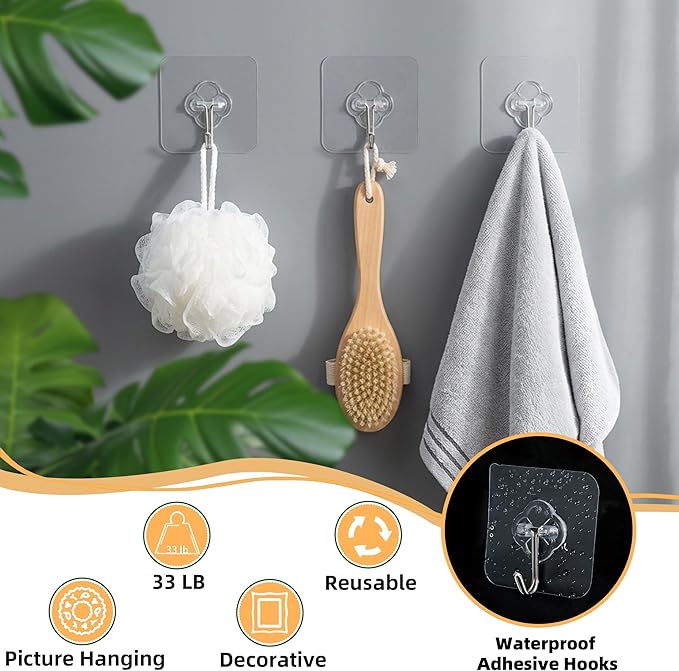 Adhesive Wall Hooks for Hanging, 50 Pack Heavy Duty Stainless Self Sticky Hooks, Waterproof and Rustproof Clear Self Adhesive Utility Hooks for Bathroom Kitchen Office Outdoor Inside Wardrobe Towel