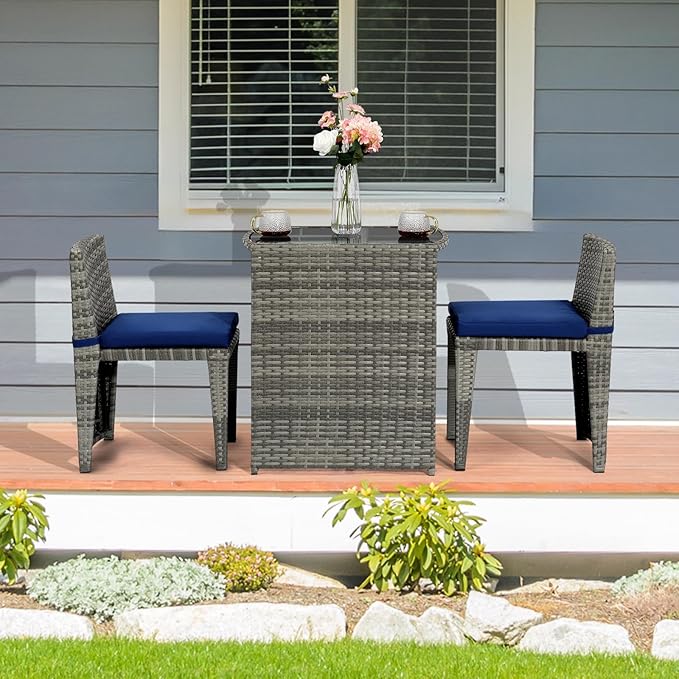 Bonnlo 3 PCS Wicker Outdoor Patio Bistro Set, Patio Furniture Set for Small Space with Glass Top Table Dining Chairs, Balcony Furniture Patio Table and Chairs Set of 2 for Garden Yard Porch (Grey)