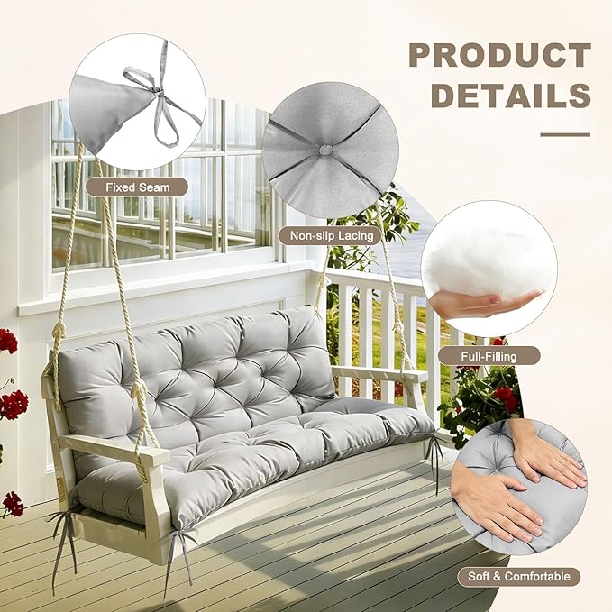 Porch Swing Cushion with Backrest,Waterproof Bench Cushion for Outdoor Furniture,2-3 Seater Replacement Thickened Swing Cushion with Ties,Patio,Outdoor,Backyard and Garden (Light Gray,47x40)