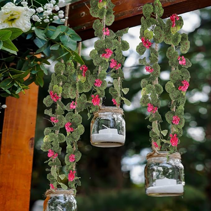 CISDUEO 2 Pcs Spring Summer Flower Garland Geranium Artificial Garland Outdoors Rose Red Geranium Artificial Flowers UV Resistant Hanging Basket Floral Garland for Porch Farmhouse Centerpiece Decor