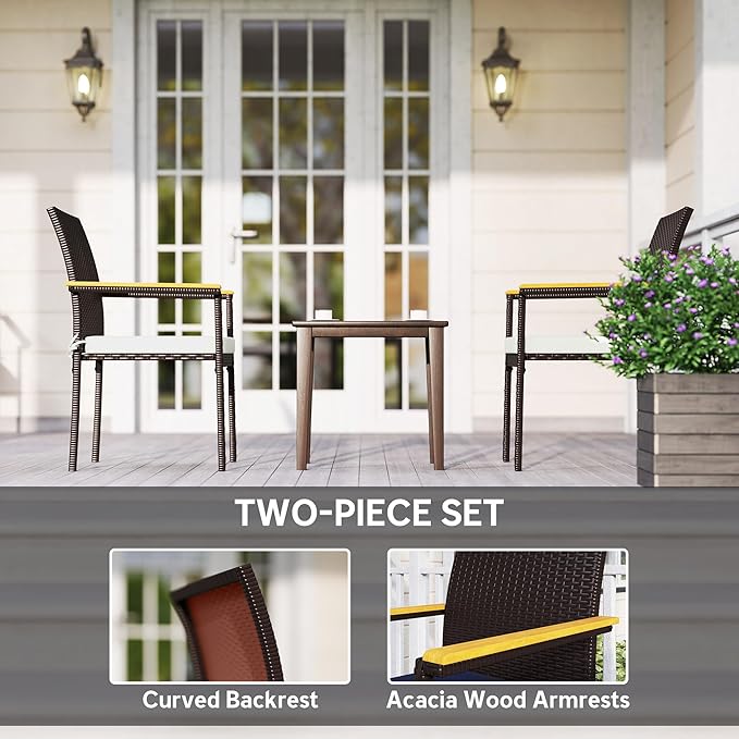 Outsunny Wicker Outdoor Dining Chairs Set of 2, Stackable PE Rattan Patio Dining Chairs with Cushions and Acacia Wood Armrests for Deck, Garden, 353 LBS Capacity, Cream White
