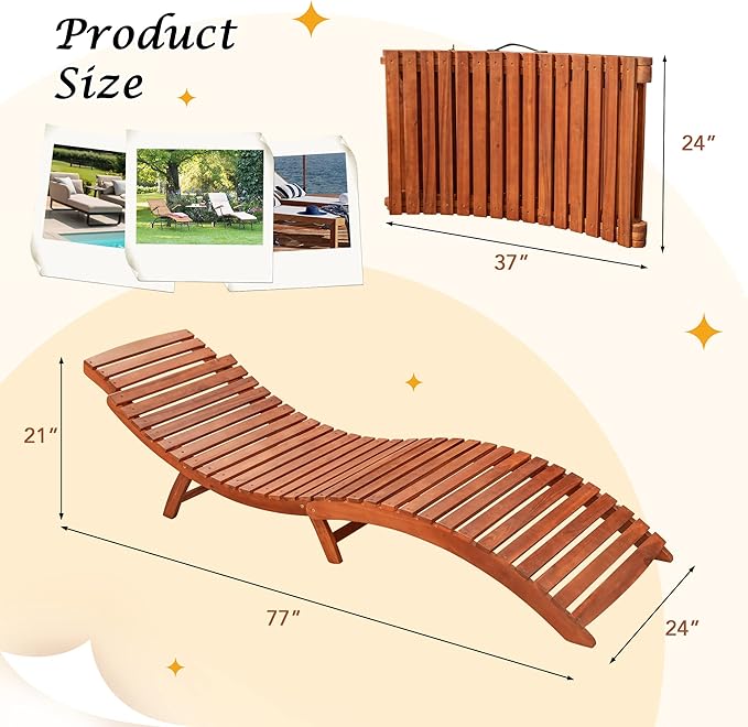 Flamaker Lounge Chairs for Outside Folding Acacia Wood Chaise Lounge with Side Handle Sun Lounger for Poolside, Lawn, Backyard (1 Piece)