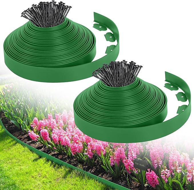 2-Inch x 80 FT Landscape Edging Border with 125 Spikes, Garden Edging Border Lawn Edging Kit, Plastic Edging for Landscape Flexible for Garden Flower Beds Lawn Yard Pathway (Green)