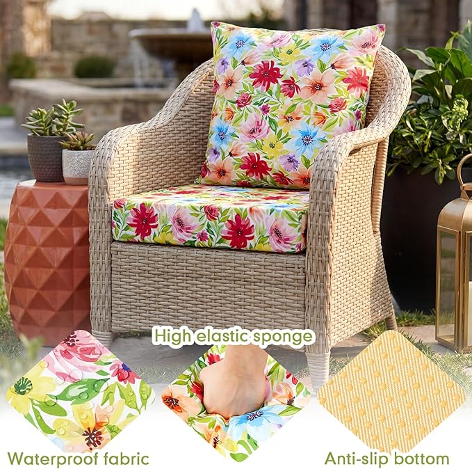 Hoteam 4 Set Outdoor Chair Patio Cushions Deep Seat Waterproof Chair Cushions 20 x 20 Inch for Patio Furniture Set Replacement Removable Seat and Back(Bright Flower)
