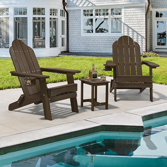 LUE BONA Folding Adirondack Chair 3 Piece Set, Dark Brown HDPS Outdoor Chair with Side Table & Cup Holder for Fire Pit Porch Seating