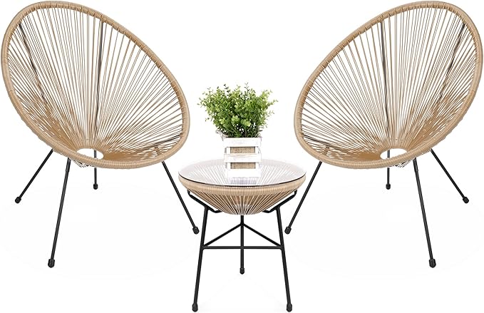 Best Choice Products 3-Piece Outdoor Acapulco All-Weather Patio Conversation Bistro Set w/Plastic Rope, Glass Top Table and 2 Chairs - Natural