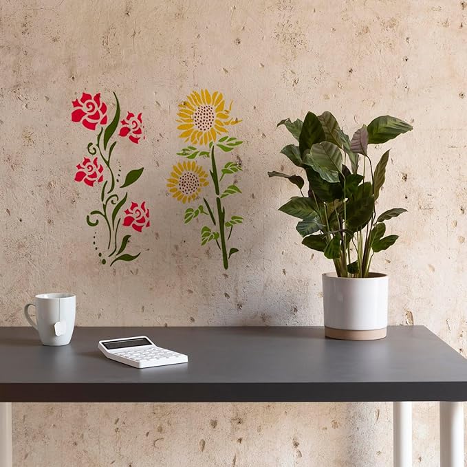 Large Flower Stencils for Painting, 6PCS 12 x 6 Inch Craft Stencils for Decorating Furniture, Fence, Walls, and Windows