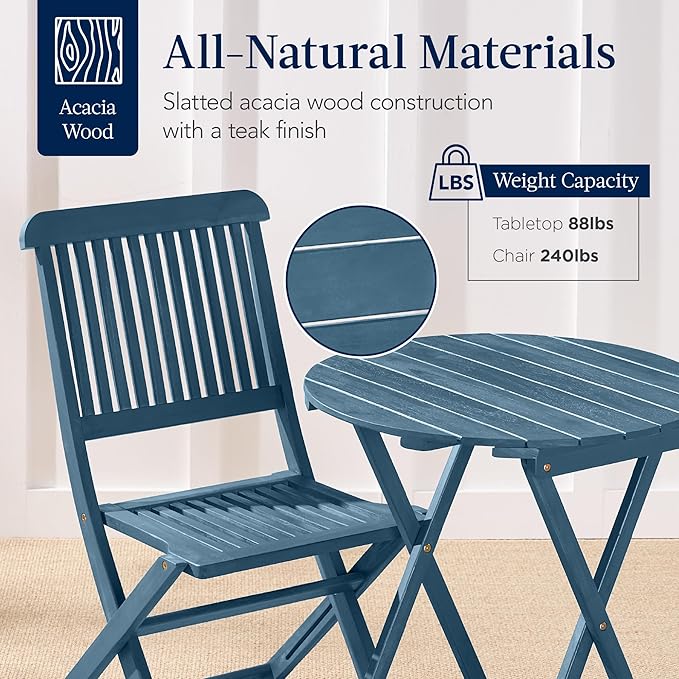 Best Choice Products 3-Piece Acacia Wood Bistro Set, Folding Patio Furniture for Backyard, Balcony, Deck w/ 2 Chairs, Round Coffee Table, Teak Finish - Slate Blue
