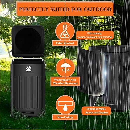 Dog Poop Trash Can Outside, 12L/3.1Gal Metal Dog Waste Trash Can with Lid, Foot Pedal, Waste Container with 40 Bags, Pet Poop Bucket with Lid Soft Close for Pet, Rectangular Black