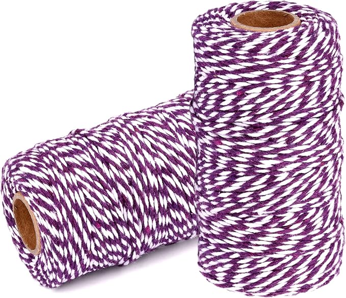 Cotton Twine String Bakers Rope: 2 Roll Twines for Crafts Gift Wrapping - 656 Feet Dark Purple White for Kitchen Cooking