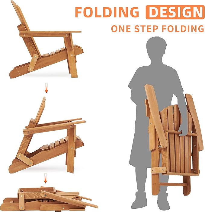 Oversized Wooden Folding Adirondack Chair with Pre-Assembled Backrest and Seat Board, Lounge Chair for Outdoor Patio Garden Lawn Backyard Firepit Deck Pool Beach