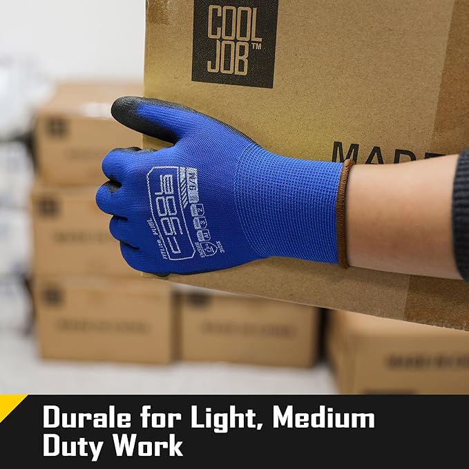 COOLJOB 12/60 Pairs Safety Work Gloves Pack Bulk with Grip PU Coating, 13 Gauge Seamless Knit Gloves with Polyurethane Dipped for Warehouse Working, Breathable Lightweight for Men Women, Blue Medium