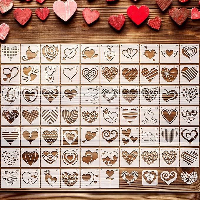 Marspark 66 Pcs Spring Easter Small Stencils for Crafts Reusable 3 Inch Stencils for Painting on Wood DIY Craft Paint Template for Wall Home Decor Card Rock Canvas Drawing Holiday (Love Heart)