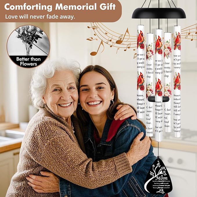 Memorial Wind Chimes Sympathy Gift - Cardinal Windchimes in Loving Memory of Mom Mother Grandmother, Bereavement Gifts for Loss of Loved One, Condolences Grief Remembrance Funeral Grieving