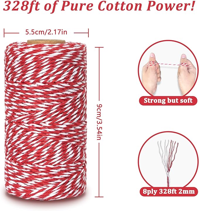 Cotton Twine String, 328 Feet Red & White - Christmas Twine for Gift Wrapping, Crafts, Baking, Butchers, Holiday Decorations, DIY, Kitchen & Gardening