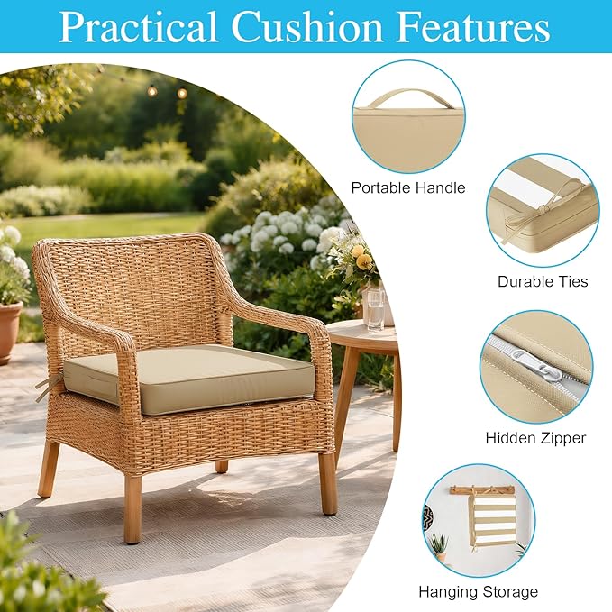 Amagenix Outdoor Chair Cushions Set of 2, 21"x21"x3" Waterproof Outdoor Seat Cushions for Patio Furniture, Stripe Reversible Patio Cushions with Ties & Handle & Hidden Zipper, Fade-Resistant,Beige