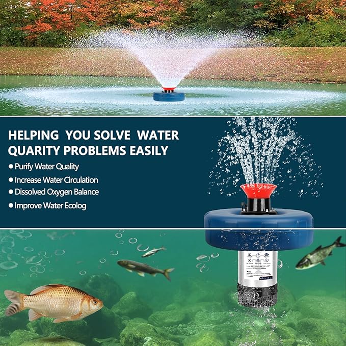 Pond Fountain Aerator Pond Fountain - 1 HP 15,000 gallons/hour 750 watts - pond aerator equipped with 100-foot power cord and multi-function timer Suitable for large ponds and lakes