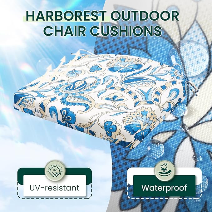 HARBOREST Outdoor Chair Cushions Set of 2, Water Resistant Patio Chair Cushions with Ties, Outdoor Seat Cushions for Patio Furniture, 17"x16"x2", Blue Butterfly