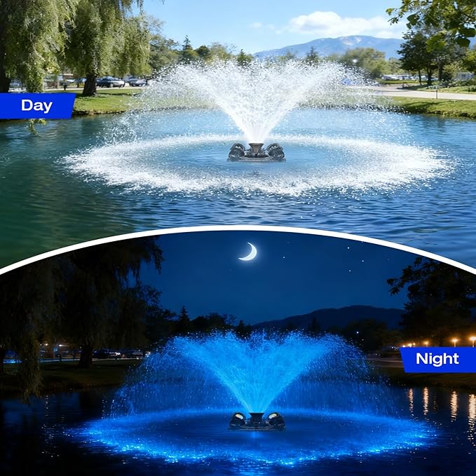 Stainless Steel Pond Fountain Aerator with 4 RGB Lights, Adjustable Light Color, Metal Floating Fountain Pump with 100FT Power Cord and Programmable Timer for Outdoor Large Ponds & Lakes