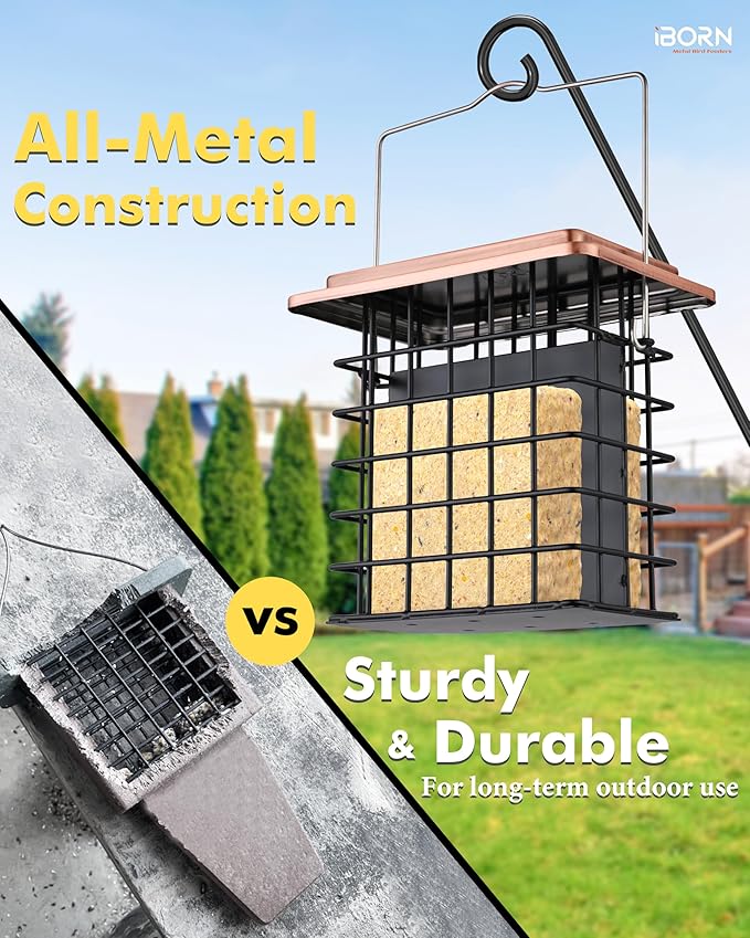 iBorn Double Suet Feeder- Metal Roof Bird Feeder with Taller Grid for Woodpeckers, Suet Cake Cage Bird Feeder for Outdoors Hanging,Easy-Clean & Refill,Metal Brushed Copper（Pack of 1）