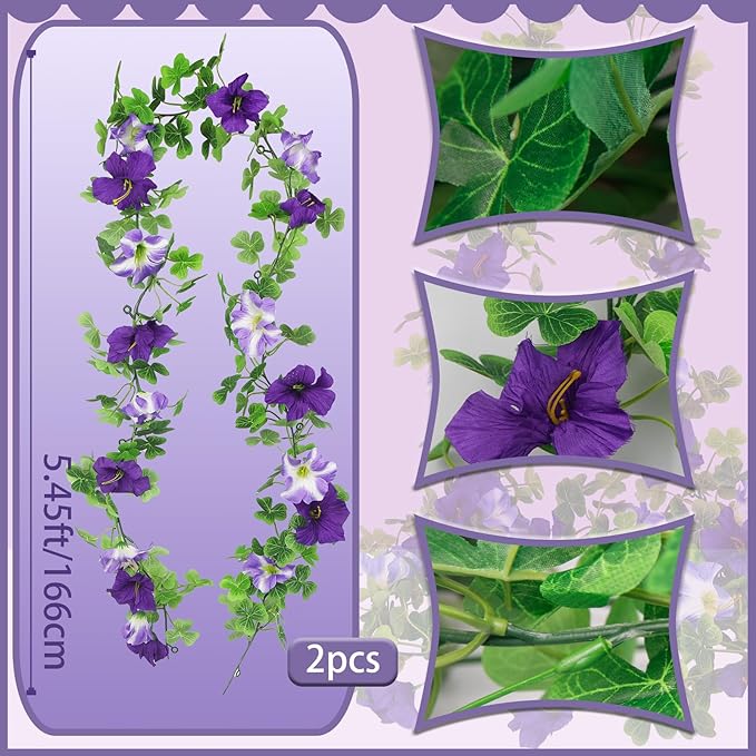 2 Pcs Artificial Flowers Vines Outdoors Silk Petunias Garland Spring Flowers Garland for Mantle 11 FT Fake Morning Glory Hanging Vines Plants for Mailbox Fence Wedding Banquet Decor Purple
