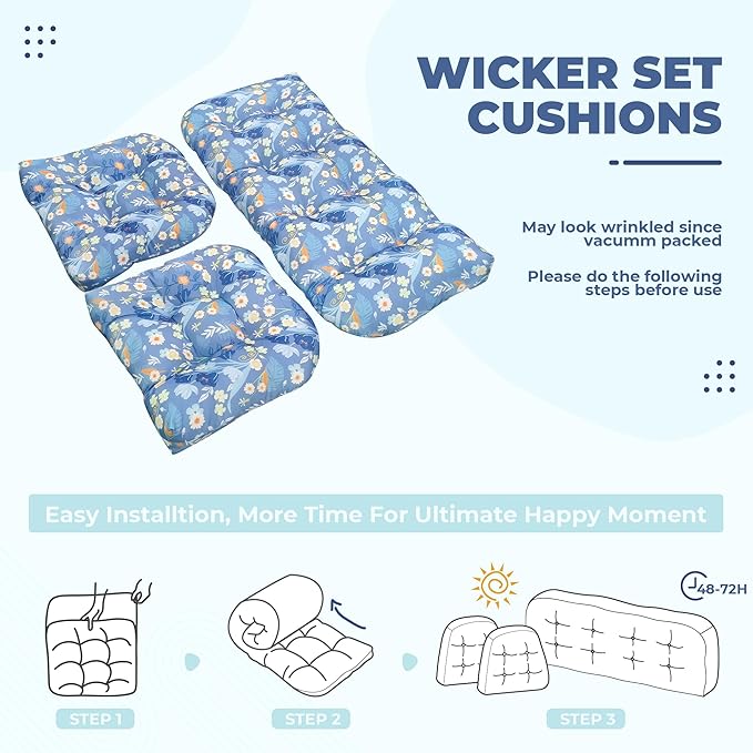 Wicker Chair Cushions, Waterproof Outdoor Loveseat Cushions for Patio Furniture, Tufted Wicker Furniture Cushions, 1 Loveseat and 2 U-Shaped Cushions (Blue Floral)
