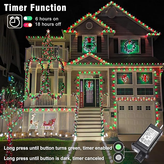 100FT 300 LED Outdoor String Lights, Connectable Christmas Lights Indoor Waterproof with 8 Modes, Plug in Twinkle Fairy Lights Clear Wire for Bedroom Home Wedding Patio Decorations, Red and Green