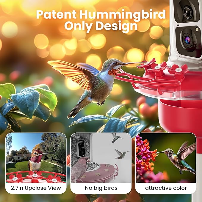 Soliom Hummingbird Feeder with Camera, Smart Bird Feeder Camera with 2K Live View AI Identify Species, Leak Proof & Ant Moat & Bee Proof, Outdoor Pole/Hook Hanging, 16 OZ Ideal Gifts for Family-Red