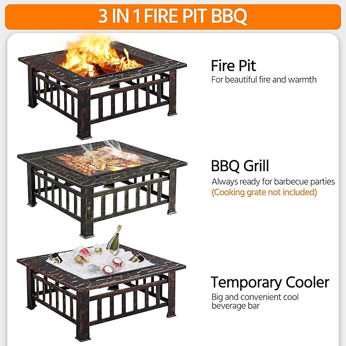 Yaheetech 34in Fire Pit Table Outdoor Wood Fire Pits Fire Pits for Outside Patio Square Steel Stove with Mesh Screen, Waterproof Cover & Poker for Bonfire Camping