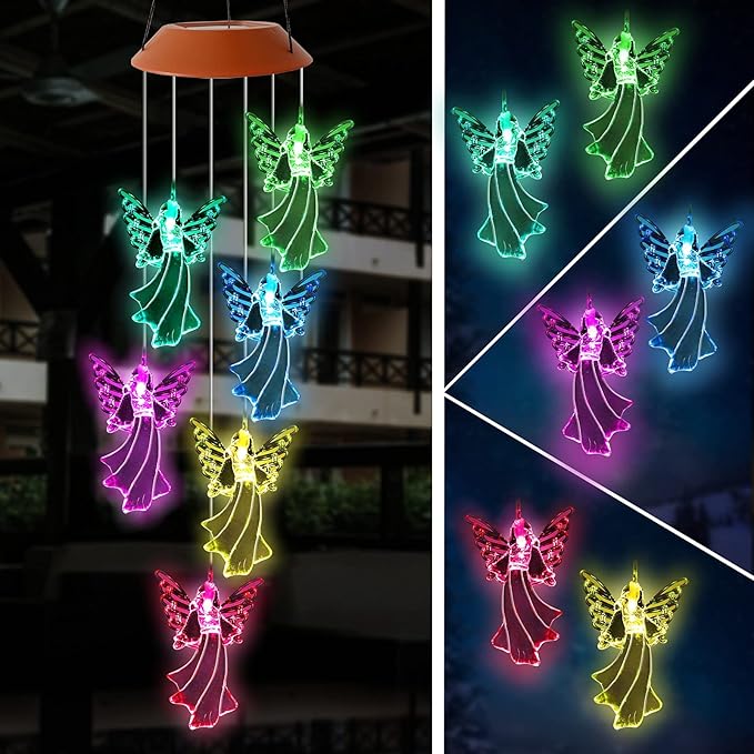 Angel Solar Wind Chimes, Color Changing Wind Chime Light Outside Birthday Gifts for Mom Grandma Solar Powered Garden Light Moms Best Gifts Memorial Wind Chimes Outdoor Decor