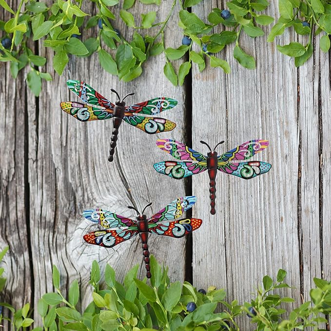 Scwhousi Metal Dragonfly Wall Decor，Outdoor Patio Fenxce Wall Art,Hanging Decorations for Living Room, Bedroom, 3 Pack