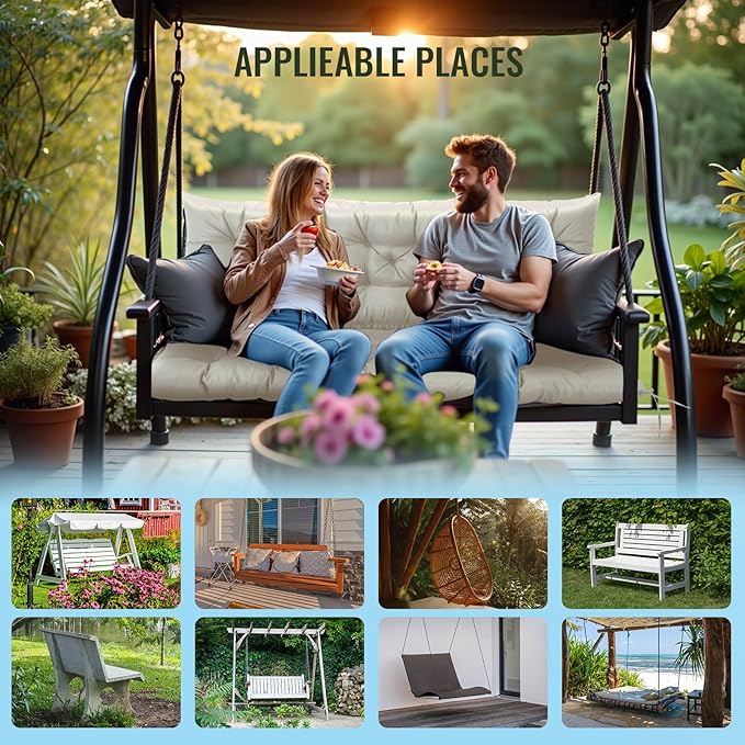 NACATIN 3 Seat Cushion for Outdoor Swing - 60x40 inches, 4" Thick Porch Swing Cushions with Ties and Storage Bag, Waterproof Bench Cushions for Patio, Outdoor, Backyard and Garden (Beige)