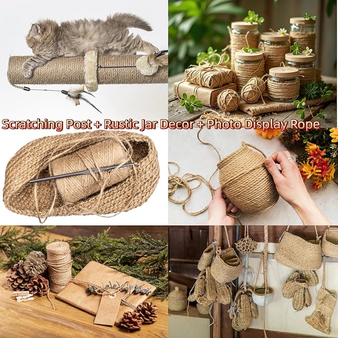 4 Pcs 1312.336 Feet 2mm Brown Jute Twine String - 3 Ply Natural Garden Twine for Plants, Crafts, Gift Wrapping, Packing - Heavy Duty Plant Ties for Tomatoes, Climbing Plants, DIY Projects