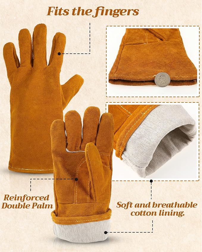 Mepase 4 Pairs Leather Welding Gloves 14 Inch Gardening Gloves for Men Women Heat/fire Resistant Stitching Mitts for Oven/grill/fireplace/furnace/stove/pot Holder/wood Burner/animal Handling, Tan