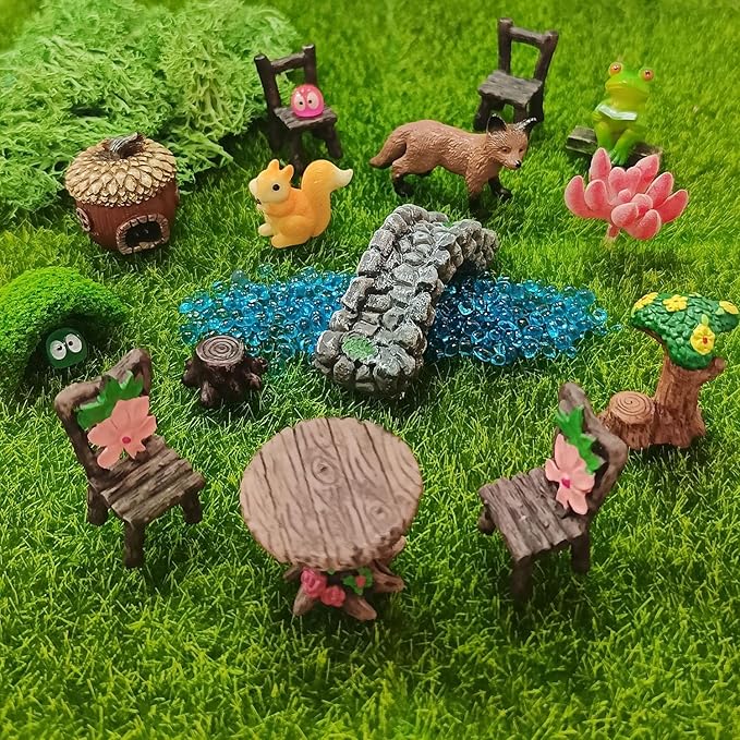 44 Pcs Fairy Garden Accessories, Miniature Table and Chairs Set, Miniature Figurines Mini Resin Animals House Bridge for Micro Landscape Potted Plant Terrarium Decor DIY Craft Gift