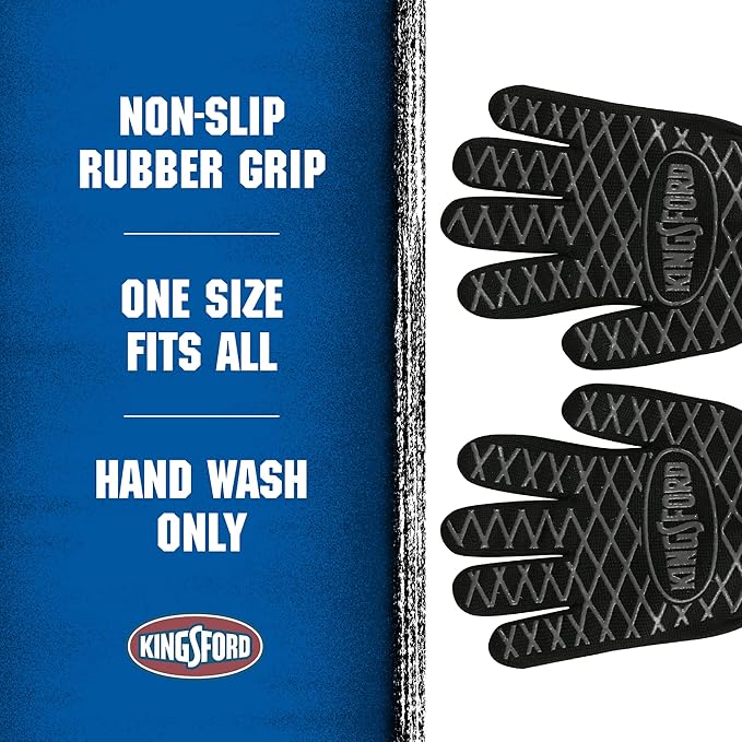 Kingsford Heat Resistant BBQ Grill Gloves, Aramid Fiber and Silicone Grip, Five Finger Gloves for Grilling, Baking, Frying, Smoker and Fire Pit Outdoor Use, One Size - 2 Count
