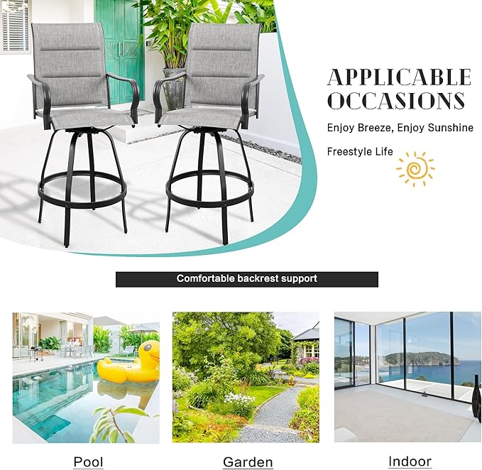 Vongrasig 6 Piece Outdoor Patio Swivel Bar Chairs, All Weather Padded Sling Textile High Top Bar Stools, Bistro Set for Backyard, Lawn Garden, Balcony, Padded Light Grey