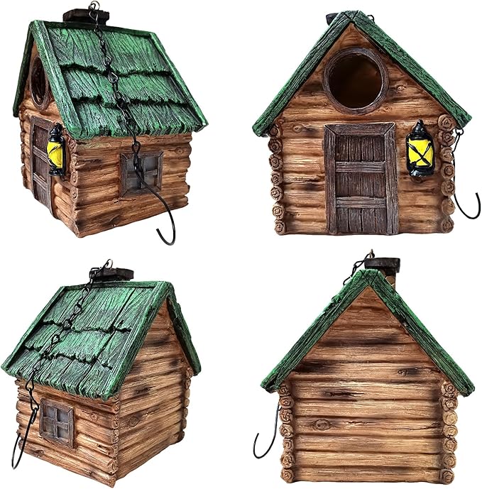 Bird Houses for Outside, Wood-Look Resin Bluebird House with Hanging Chain, Waterproof & Practical Forest Bird Houses, Decorative Hanging Birdhouse for Yard Garden Decor, Wood House