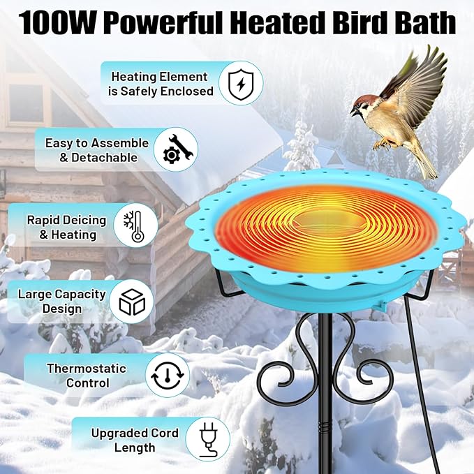 Heated Bird Baths for Outdoors, 100W Heated Birdbath Bowl for Outdoors for Winter with 5-Prong Metal Base Thermostat Control, Heated Bird Bath for Outside Winter Garden Patio Yard Lawn (Blue)