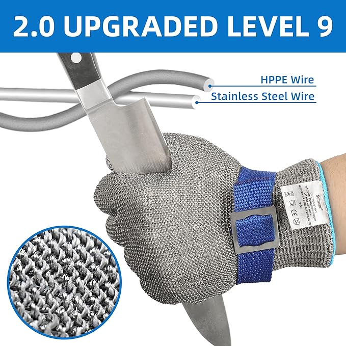 Schwer SlicePro ANSI A9 Cut Resistant Glove PR1707, Food Grade Stainless Steel Wire Metal Gloves, Cutting Gloves for Kitchen, Meat Cutting, Oyster Shucking, Fish Fillet（L, 2 PCS）