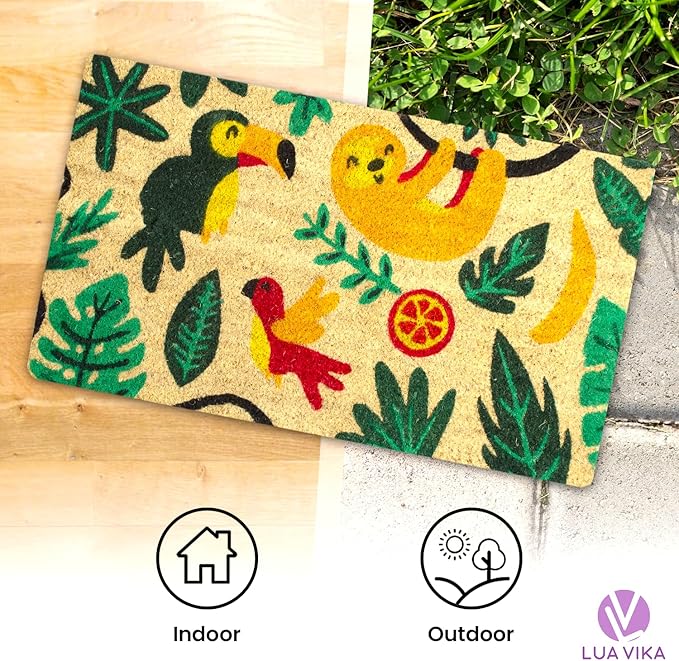 Coir Door Mat for Outside Entrance, Welcome Indoor Outdoor Doormat, Funny Front Door Mats 16"x27.5" (Jungle)