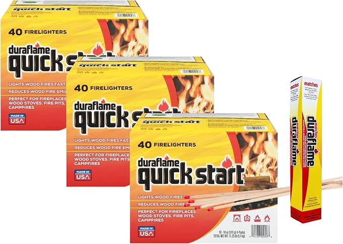 Duraflame Quick Start Firelighters 120 Pack + Long Strike Matches – Fast, Clean-Burning Fire Starters for Fireplaces & Campfires (3 Pack + Matches)