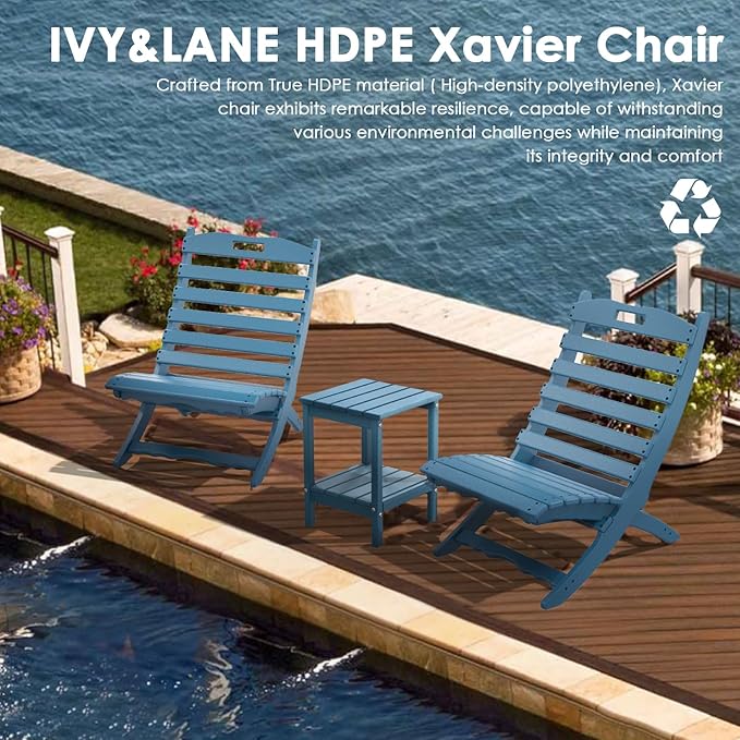 IVY&LANE Portable Xavier-Chairs Set of 2 | Folding-Adirondack-Chair | Wave | HDPE Plastic | Blue | All-Weather Resistant | for Outdoor Fire-Pit Patio Lawn Beach Poolside